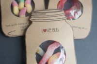 03 some colorful worm candies packed into cardboard packages with fun letters – this is a completely DIY favor