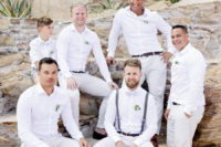 04 The groom was wearing a white shirt and pants, brown moccasins and blue suspenders, and the groomsmen were wearing the same