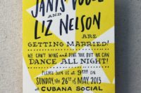 04 a bright neon yellow and white fun wedding invitation with a hand lettered text for dance-inspired wedding
