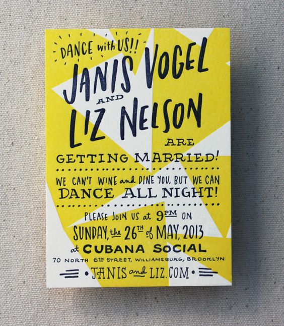 a bright neon yellow and white fun wedding invitation with a hand lettered text for dance-inspired wedding