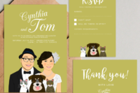 05 a colorful illustrated wedding invitation suite with a couple’s portrait and their pets