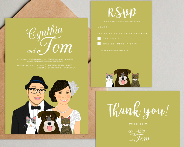A colorful illustrated wedding invitation suite with a couple's portrait and their pets
