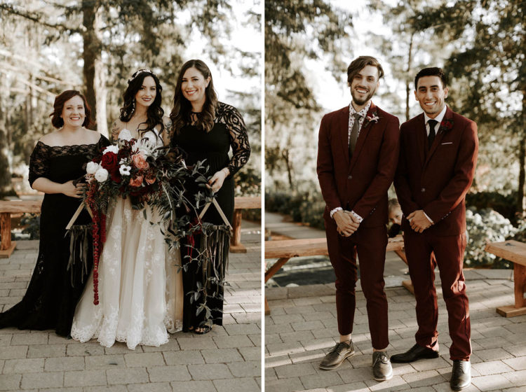 The bridesmaids were wearing black lace mismatching maxi gowns, and the groomsmen were wearing burgundy suits and grey shoes