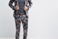 08 a moody floral suit with skinny cropped pants, a graphite grey shirt, a black bow tie and black suede shoes