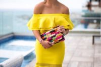 08 an off the shoulder neon yellow knee dress, a colorful clutch, blue tassel earrings