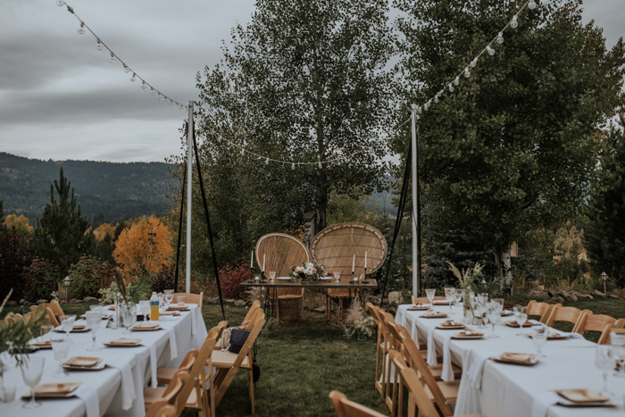 The wedding reception took place outdoors, it was styled with boho and modenr touches