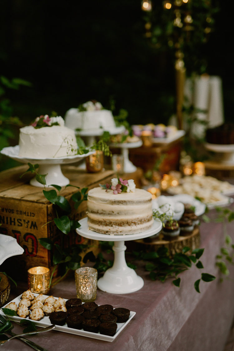 The couple went for a large dessert table with lots of sweets and several cakes but no cake cutting moment