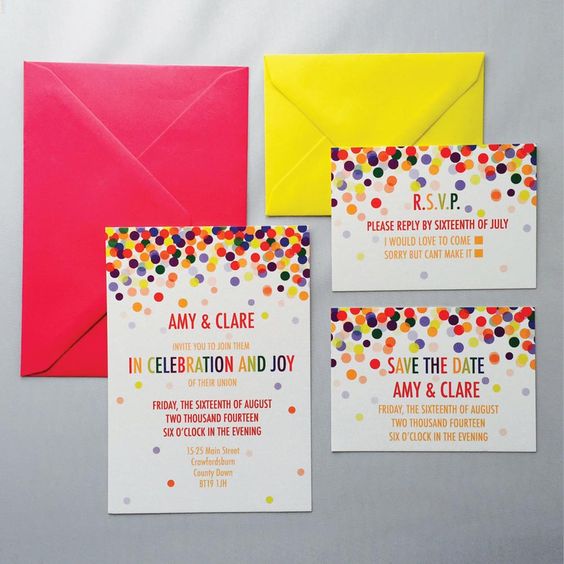 a super colorful wedding invitation suite with confetti is a bright idea to excite your guests