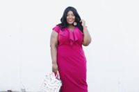 11 a hot pink fitting midi dress with a ruffled neckline, blush metallic shoes and an embroidered bag