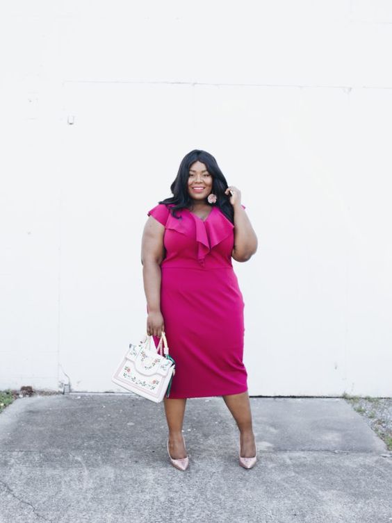 a hot pink fitting midi dress with a ruffled neckline, blush metallic shoes and an embroidered bag