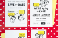 11 a retro-inspired wedding invitation suite done in black, white and yellow