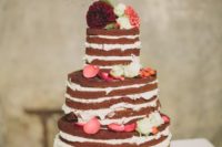 12 a vegan red velvet naked wedding cake with vegan cream topped with fresh blooms and petals