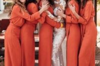 12 bright orange wrap midi bridesmaid dresses with long sleeves look cool for a fall wedding