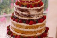 15 a coffee, chocolate and vanilla vegan gluten-free naked wedding cake with fresh raspberries, strawberries and blueberries