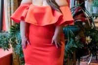 15 an orange off the shoulder ruffled fitting dress and metallic shoes for a super sexy look