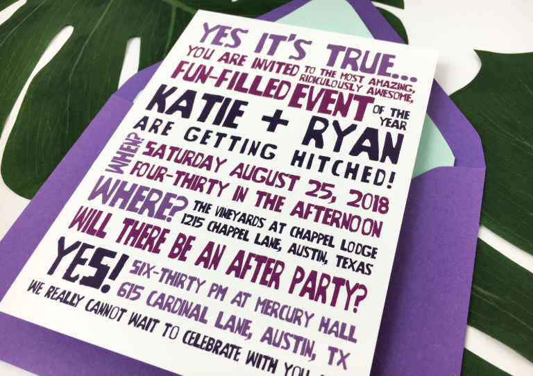 This colorful purple, black and fuchsia wedding invite with fun letters is in your face