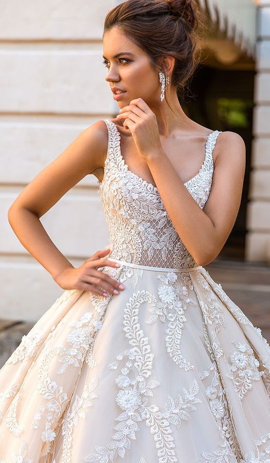 a thin straps scoop neckline wedding ballgown with lace appliques all over for a statement