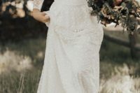 17 a romantic polka dot wedding dress with a V-neckline, long sleeves and a lace edge for a modern boho bride