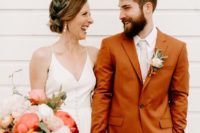 17 a rust-colored groom’s suit with a neutral tie and shirt is a chic and trendy idea of a colored look