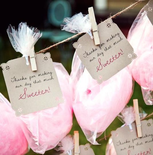 pink cotton candy with fun labels will make your wedding guest favors funnier and cuter