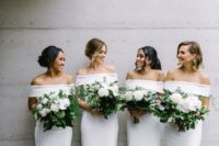 17 white plain off the shoulder maxi bridesmaid dresses create a bold minimalist bridal party look
