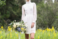 18 a super modern and playful polka dot wedding dress with a turtleneck and long sleeves plus Oxford shoes