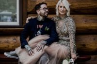 18 an off the grid bridal look with a blush heavily embellished wedding gown and grey sneakers