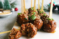 18 hoisin glazed vegan meatballs made of a mixture of walnuts, tempeh, garlic and scallions