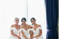 18 off the shoulder white bridesmaid midi dresses look very chic, refined and feminine