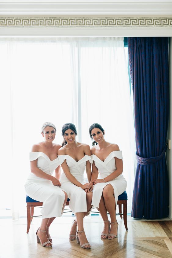 off the shoulder white bridesmaid midi dresses look very chic, refined and feminine