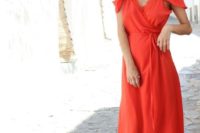 19 a cold shoulder wrap dress in bold orange and nude shoes for an effortlessly chic wedding guest look