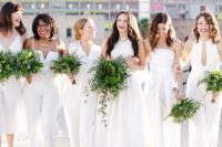 19 mismatching white outfits for the bridal party including dresses and jumpsuits for a modern wedding