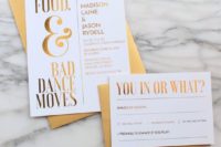 22 a fun wedding invitation suite in gold and white with funny text that shows you as a couple