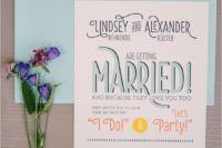 23 a fun wedding invite in aqua, orange and yellow for a party-inspired wedding
