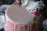 24 a vegan vanilla strawberry cake with dripping, white and pink blooms can be also done gluten-free