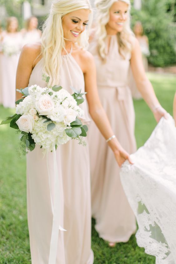 blush maxi halter neckline bridesmaid dresses are awesome for spring and summer weddings