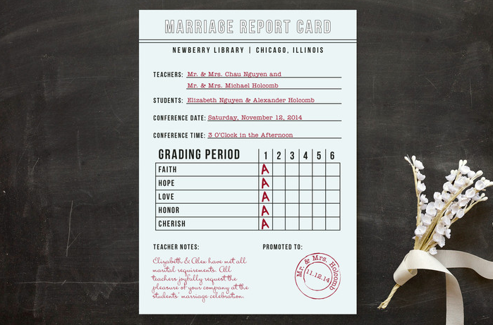 a marriage report card is a fun alternative to a usual wedding invitation