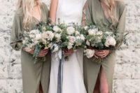 31 olive green chiffon wrap maxi bridesmaid dresses with long sleeves, T-strap shoes for an elegant look