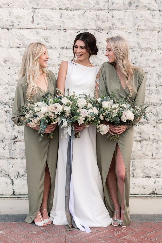 olive green chiffon wrap maxi bridesmaid dresses with long sleeves, T strap shoes for an elegant look