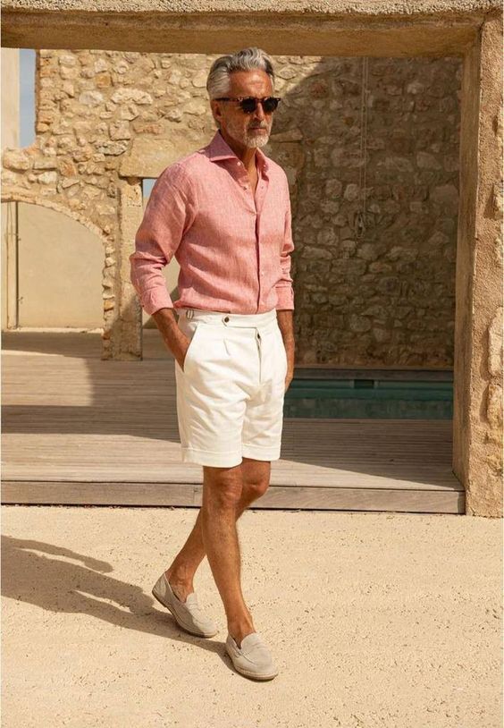 a simple yet elegant beach wedding guest look with a pink linen shirt, white shorts and grey loafers can be easily repeated