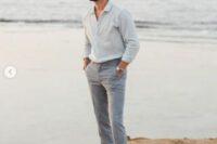 a total grey look with a shirt, linen pants and loafers will be great for a beach or coastal wedding