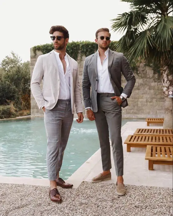 chic beach wedding guest looks with pants and blazers, white shirts, loafers and shoes are great