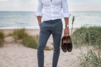 grey cropped pants, a white shirt, brown moccasins and a watch are all you need to look cool