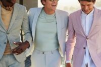neutral and pastel pantsuits, a shirt and neutral t-shirts and some accessories are perfect for summer wedding guest looks