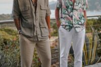 relaxed boho beach wedding guest looks – a grey linen one with rope sandals and a bold tropical print shirt, white linen pants and grey sandals