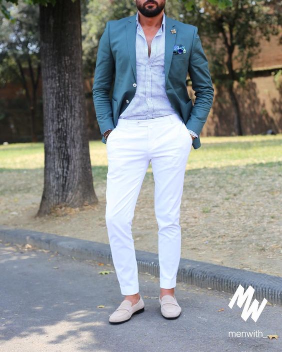 white pants, a plaid blue shirt, a teal blazer and creamy moccasins is a great look for a beach wedding