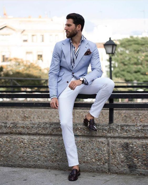 What color pants with light blue blazer