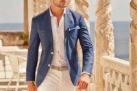 white pants, a white shirt, a blue blazer and a grey belt for a laconic and elegant beach wedding guest outfit