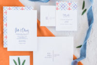 01 This Mediterranean wedding shoot was done with touches of orange and blue and azulejo prints