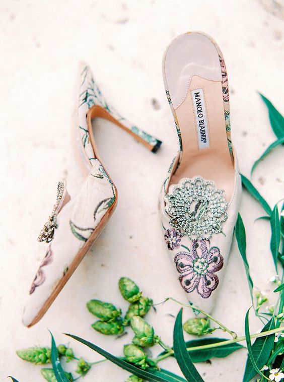 fashionable pointed toe floral embroidery mules with embellishments are perfect for a summer wedding